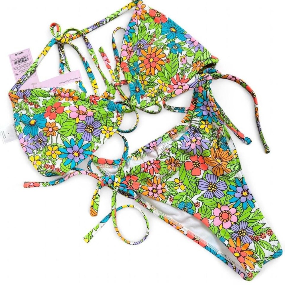 Wild Fable Bold Floral String Bikini Set With Triangle Top &‎ Tie Bottoms Beach